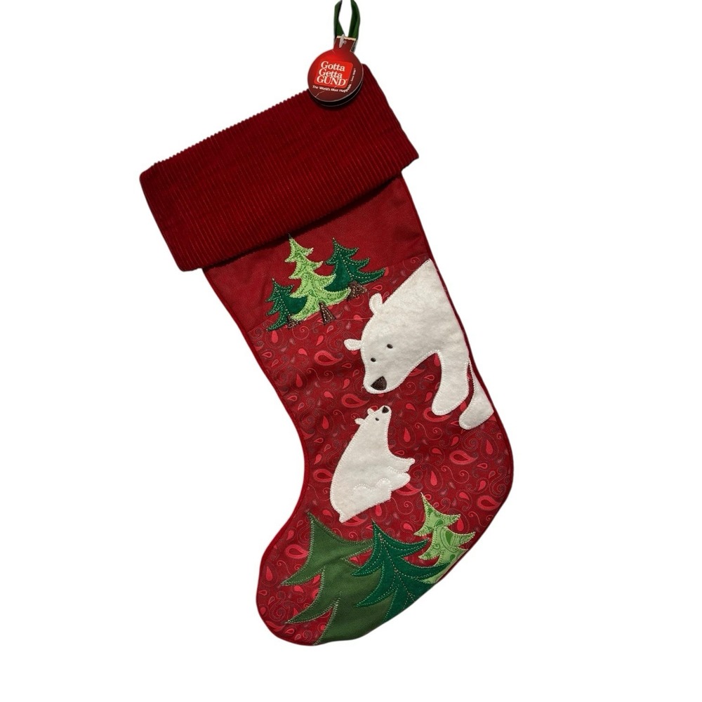 GUND Cozy Holiday Living Stocking Red Christmas Polar Bear‎ New Trees Embroidery